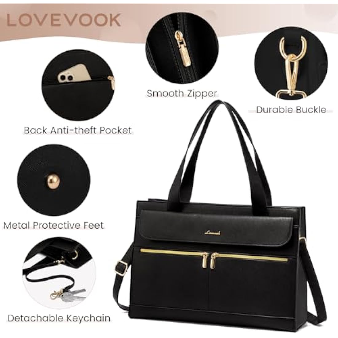 LOVEVOOK Laptop Bags for Women 15.6 Inch Ladies Work Bags Large Tote Bag with Laptop Compartment Designer Handbag Stylish PU Leather Briefcase for School Shoulder Bag for Office Business, Black