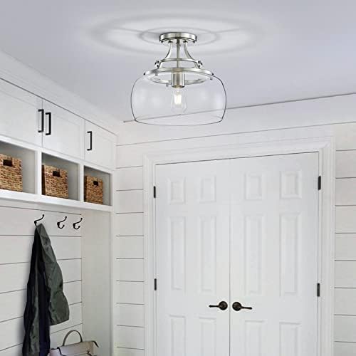 WUZUPS Chandelier Rustic Farmhouse Industrial Round Semi-flushmount Ceiling LED Light Fixture with Clear Glass Shades for Bathroom Kitchen Foyer Entryway, H 30 x W 34, E27 Base, Brushed Nickel