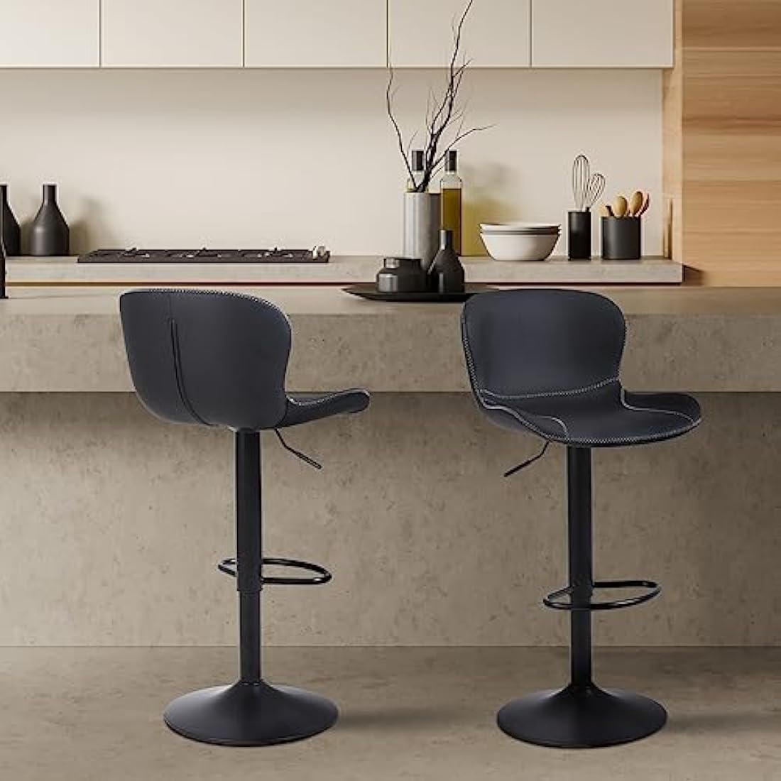 Youhauchair Bar Stools Set of 2, PU Leather Counter Height Barstools with Back, Height Adjustable Swivel Bar Chairs, Modern Armless Kitchen Island Stool, Black