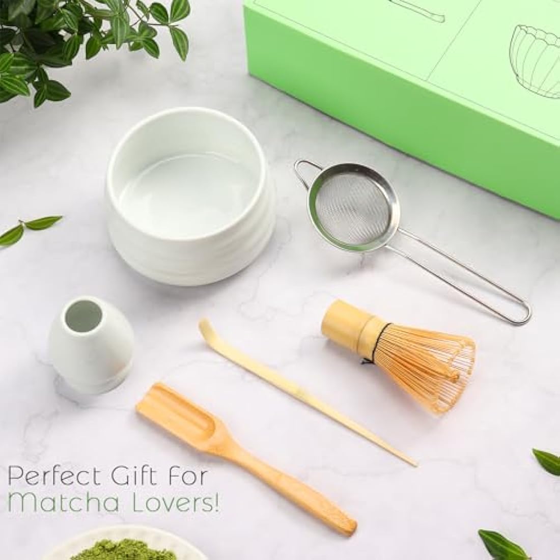 Geebuzz Matcha Whisk Set - Matcha Bowl and Bamboo Matcha Whisk, Scoop, Spoon, Sifter, Whisk Holder, 6pcs Perfect Matcha Starter Kit for Matcha Tea Ceremony (White)