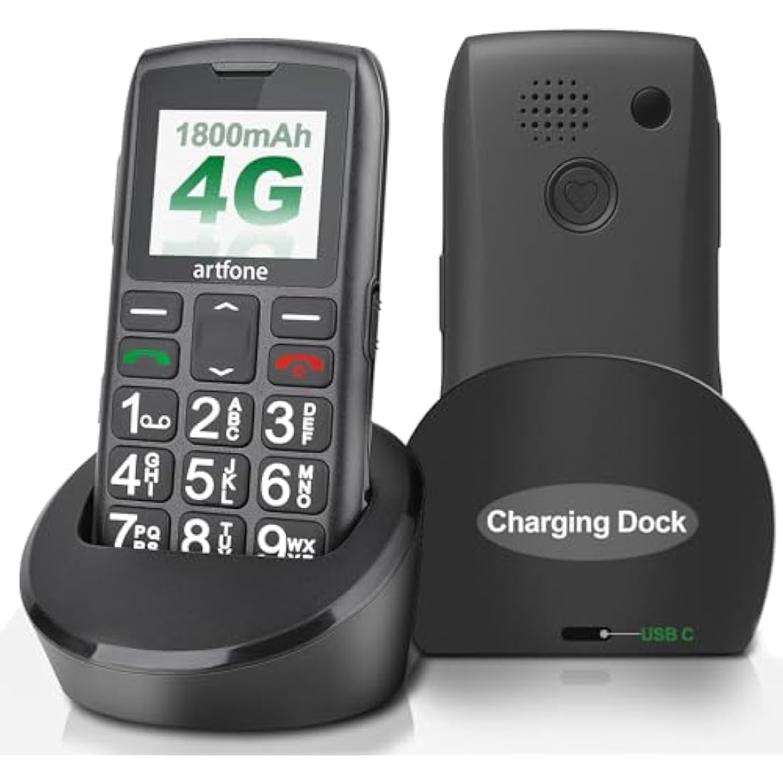 artfone C1+ 4G Big Button Mobile Phone for Seniors | SIM Free Unlocked | Easy-to-Use Basic Phone with Charging Dock, SOS Button & USB-C | Loud Volume | Black