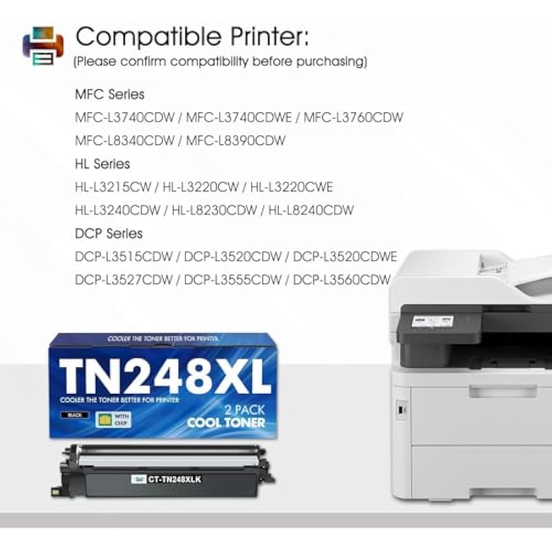 TN248XL Black Toner Cartridges: Compatible for Brother TN248BK TN248XLBK TN248XL HL-L3220CW MFC-L8390CDW TN248 TN-248XL DCP-L3520CDW MFC-L3760CDW MFC-L3740CDW MFC-L3740CDWE HL-L3240CDW (2 Pack)