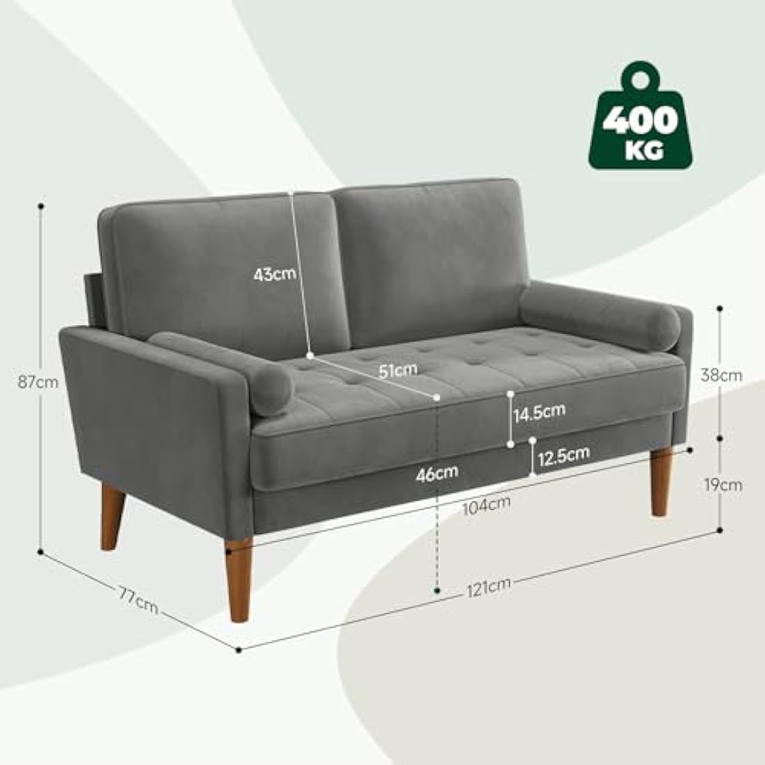 Vesgantti Small 2 Seater Sofa Grey, Comfy Sofa Couch with Spring Cushion, Velvet Sofa with Wood Legs, Modern Love Seat Sofa, Sofa 2 Seater for Living Room, Small Sofa for Bedroom, Grey Office Sofa