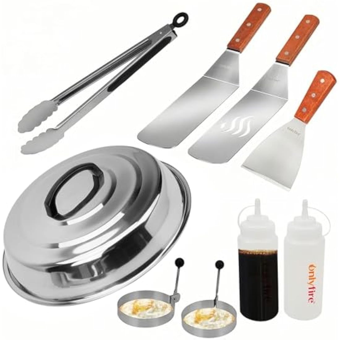 Onlyfire FPA-5117 Professional BBQ Griddle Spatula Tool Kit Great for Grill Griddle Flat Top Cooking Camping, with One 12” Melting Dome, 9 pcs