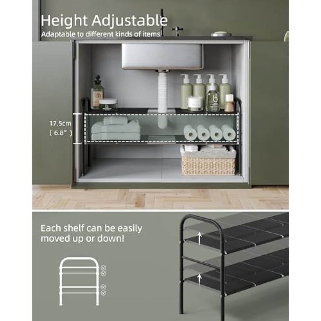 NETEL Expandable Under Sink Storage, 2 Tier Under Sink Storage with 8 Plates,Metal Side Bracket,Kitchen Cupboard Organiser, Extendable Shelf for Cupboard, Kitchen Shelf Organiser,Width 52-82cm
