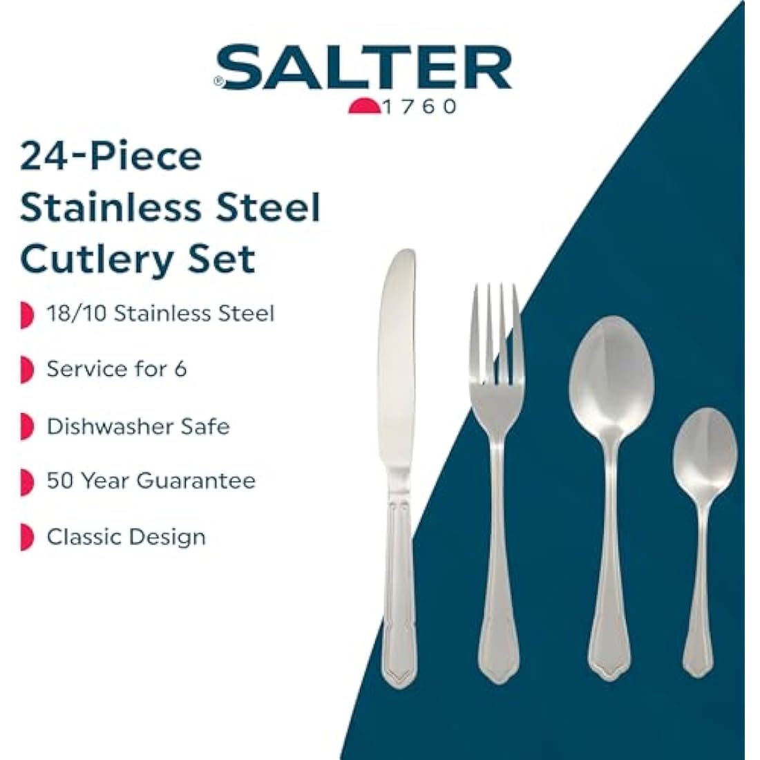 Salter BW12426EU7 Richmond 24-Piece Cutlery Set - 18/10 Stainless Steel Flatware Set, Service for 6, Silverware Set Includes Six Knives, Forks, Tablespoons and Teaspoons, 50 Year Guarantee, Silver