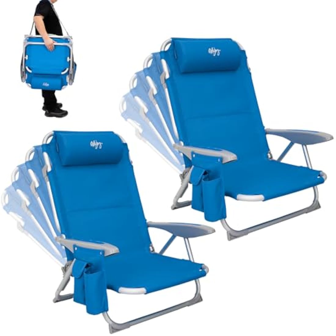 #WEJOY 4-Position Adjustable Beach Chair for Adults, Folding Low Camping Chairs Aluminum Lightweight & Portable, High Back Pillow Pocket Outdoor Reclining Garden Chair