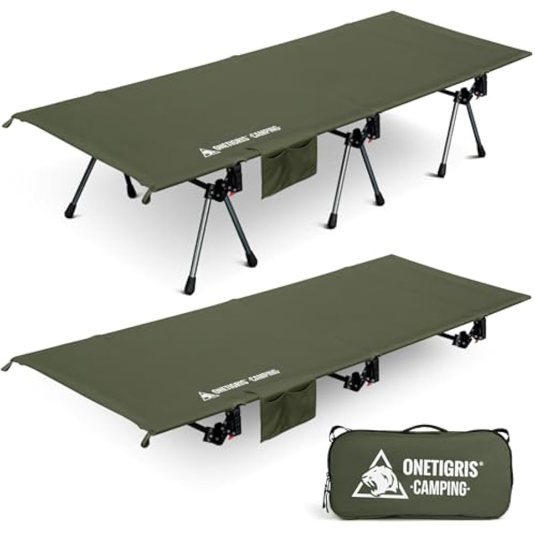 OneTigris SUPRANUBIS Camping Cot, Height Adjustable with Cot Leg Extenders, Strong Support 330lbs, Portable Folding Bed for Camping, Hiking, Travel, Truck, Beach, Office Nap (Ranger Green)