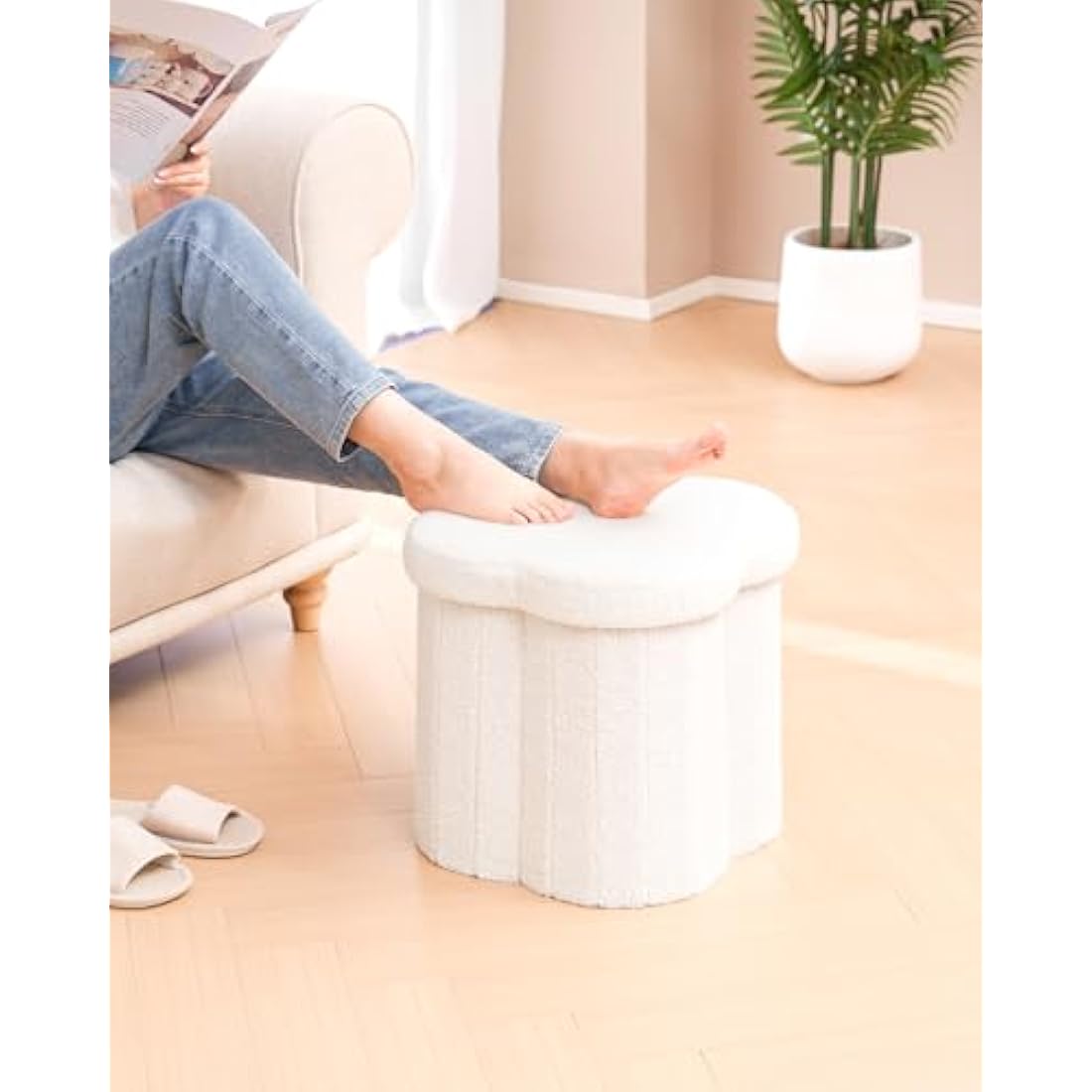 Bonlife White Ottoman Storage Box,Folding Storage Seat Box,Small Footstool For Living Room,Kid's Toy Chest Box,Teddy Flower Shape,38x38x38cm