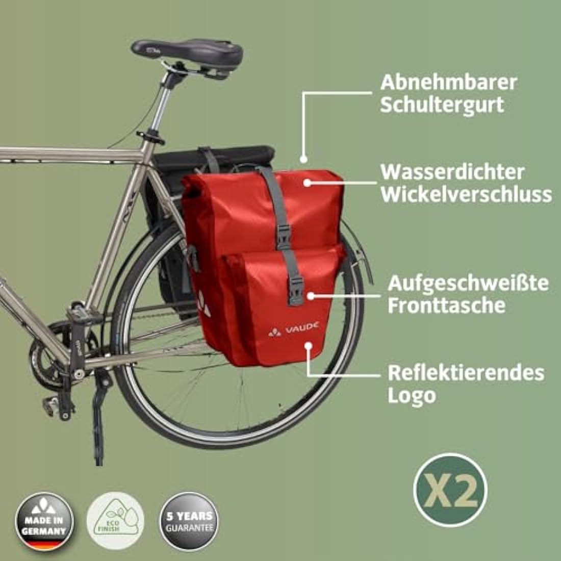 VAUDE Aqua Back Plus Bike Pannier, 2 x Rear Bike Rack Bag Waterproof, 51L Total Volume, Cycling Bag, Easy Mounting - Made in Germany