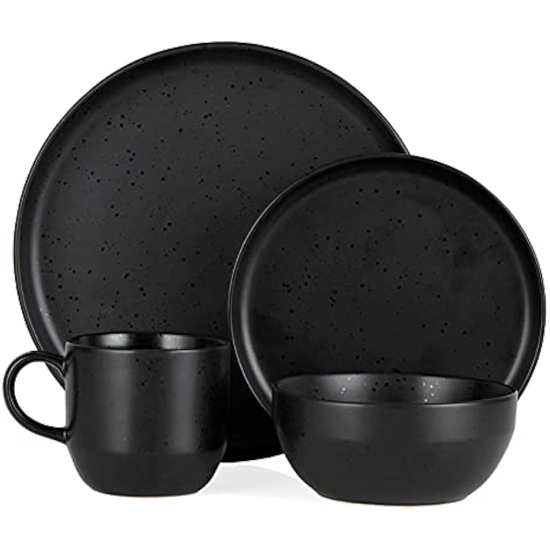 Barbary & Oak BO867005BLK Luna 16 Piece Dinnerware Set, Stoneware, Matte Black with Gloss Speckle