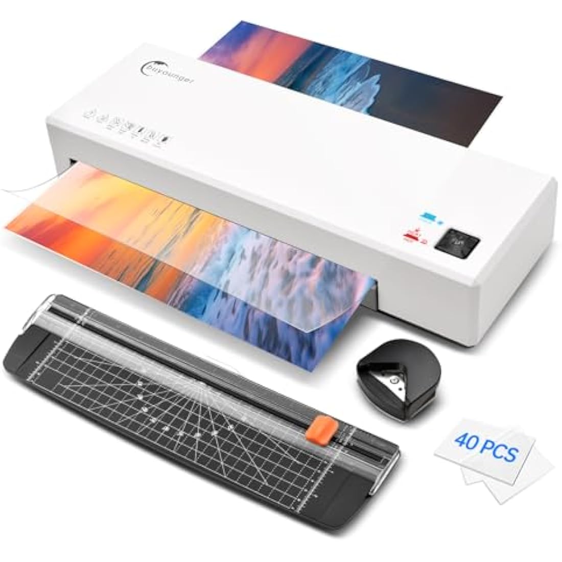 Buyounger Laminator with 40 Pouches, A4 Laminator Machine Thermal and Cold with Paper Trimmer & Corner Rounder, 9 Inches Laminating Machine for Home School Office