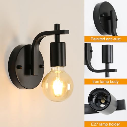 DELIPOP 4 Pack Industrial Wall Lights, Black Metal Wall Lamps, E27 Vintage Wall Sconce Lights, Wall Lighting Fixtures for Living Room, Bedroom, Kitchen, Hallway, Restaurant, Not Included Bulb