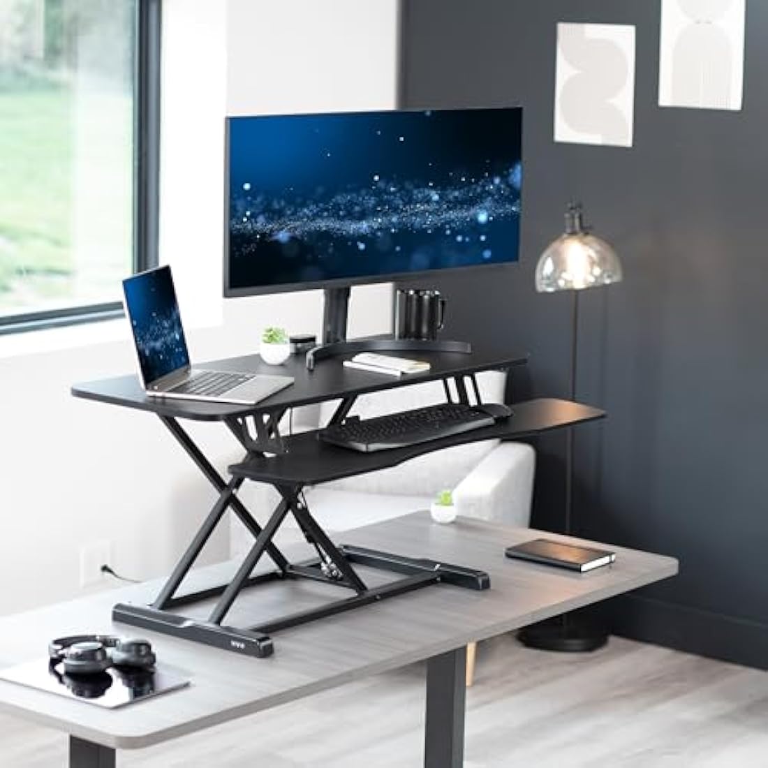 VIVO 107 cm Desk Converter, K Series, Height Adjustable Sit to Stand Riser, Dual Monitor and Laptop Workstation with Wide Keyboard Tray, Black, DESK-V042KB