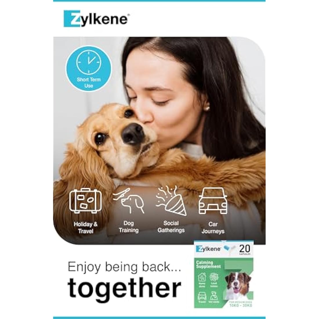 Zylkene Calming Supplements for Medium Dogs (10 to 30kg) 225mg | Promotes Relaxation | Helps Pets cope with short-term challenging situations: Loud Noises | Easily administered | 20 capsules