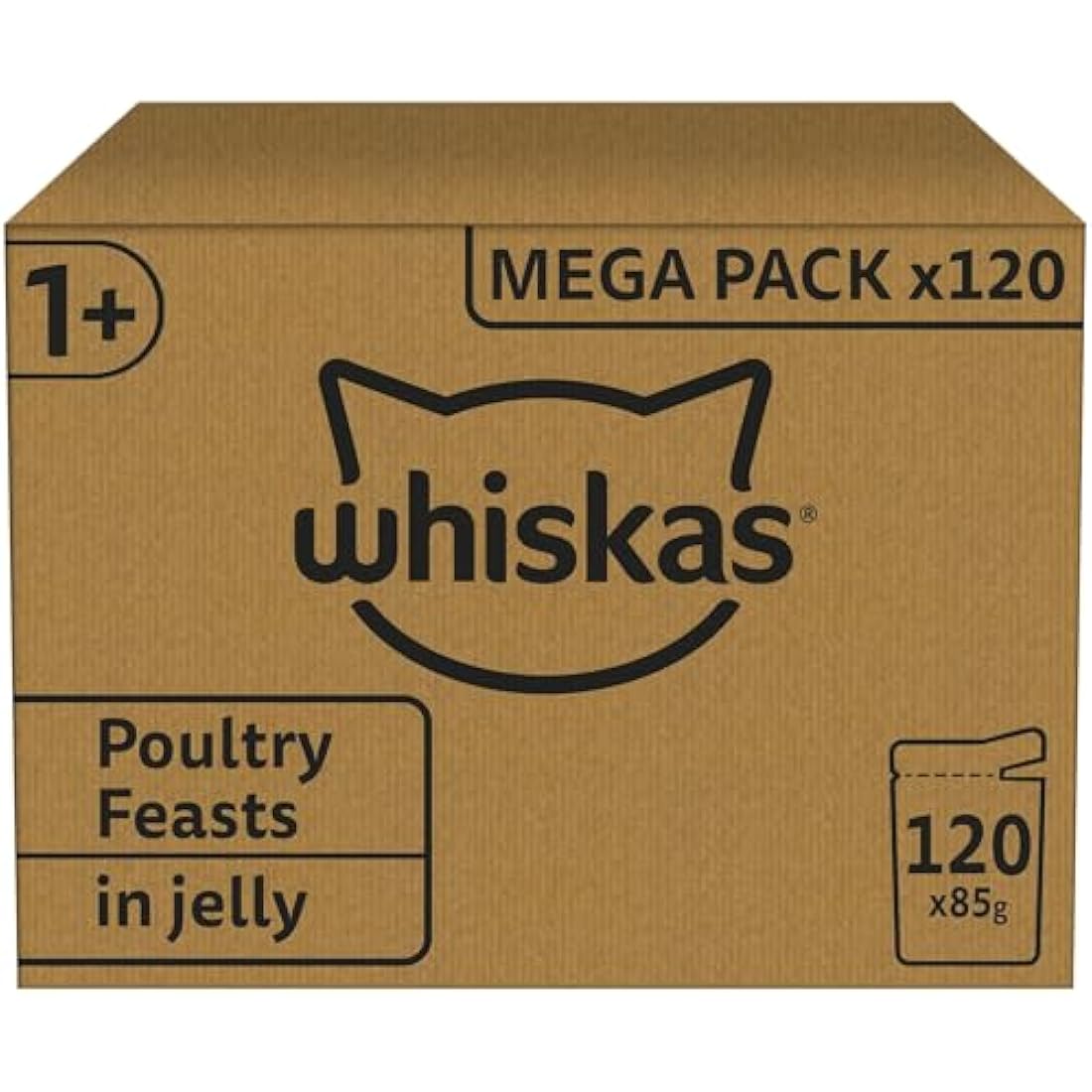 Whiskas 1+ Adult Wet Cat Food Poultry Selection in Jelly 120 x 85g Pouches Megapack, Tender Cuts in Flavoured Gravy, Nutritionally Complete, Easy to Serve, Variety Pack for Adult Cats