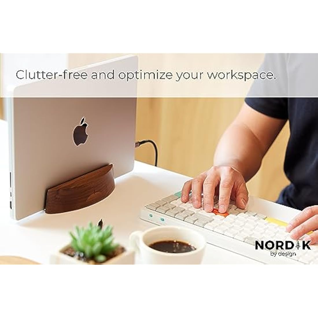 Nordik Adjustable Vertical Laptop Stand - Walnut - Premium Laptop Holder for Home Office, Software Engineers - Space Saving Desk Laptop Dock - Stable Non-Slip Wood Stand - Macbook Pro