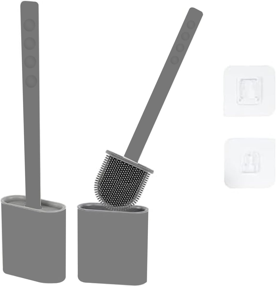 Silicone Toilet Brush with Holder Set Pack of 2 - Flat Flexible Head Under-Rim Clean Where Others Miss, Non-Stick Easy Rinse, Drip-Free Holder