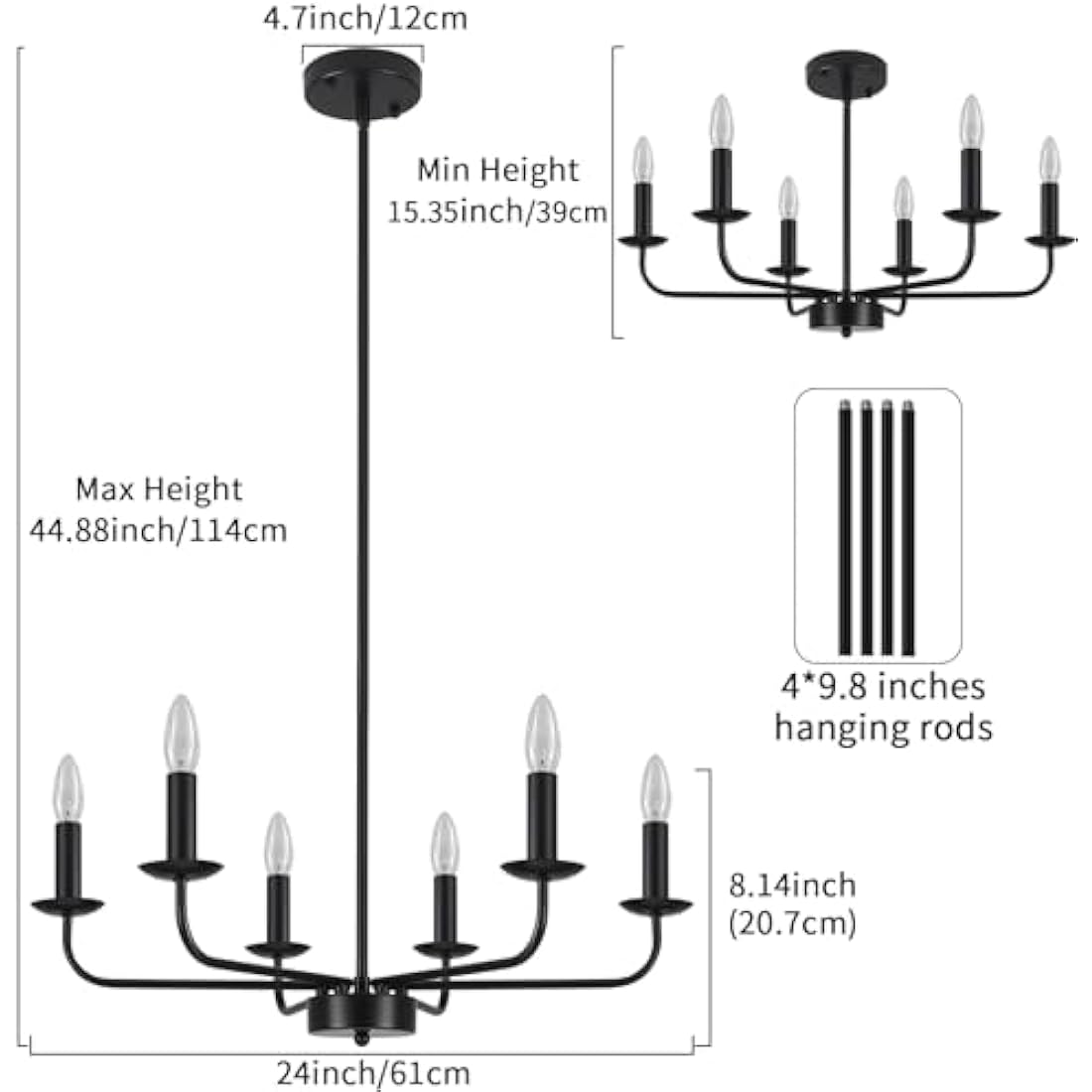 QAREHL Chandeliers Ceiling Light, 6 Arms Black Chandelier Light Pendant Light Fitting Ceilings Living Room, Rustic Bedroom Lighting Fittings, Dining Room Lights Ceiling Over Table, E14 Socket