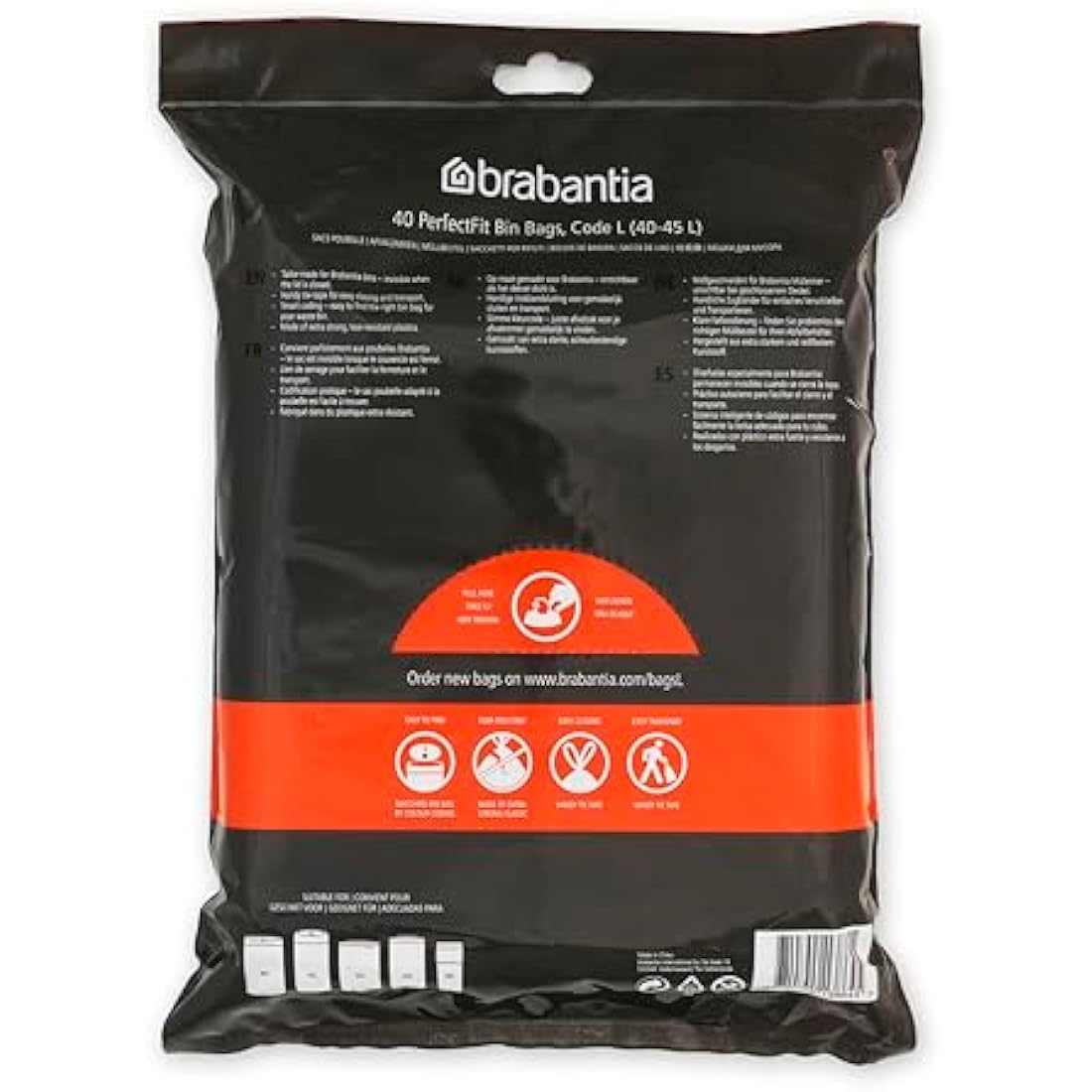 Brabantia 138645 PerfectFit Bin Liners (Size L/40-45 Litre) Thick Plastic Trash Bags with Tie Tape Drawstring Handles (40 Bags), White