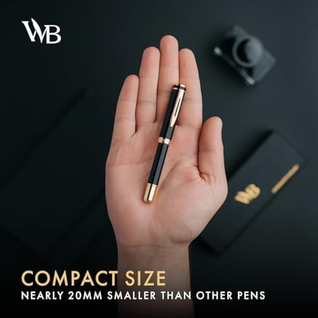 Wordsworth and Black Fountain Pen Mini EDC: Luxury Black Heavy Pocket Pen, Gold Finish, Medium Nib, 6 Ink Cartridges, Ink Converter, Travel Refillable Writing Pen Gift Set, Men & Women