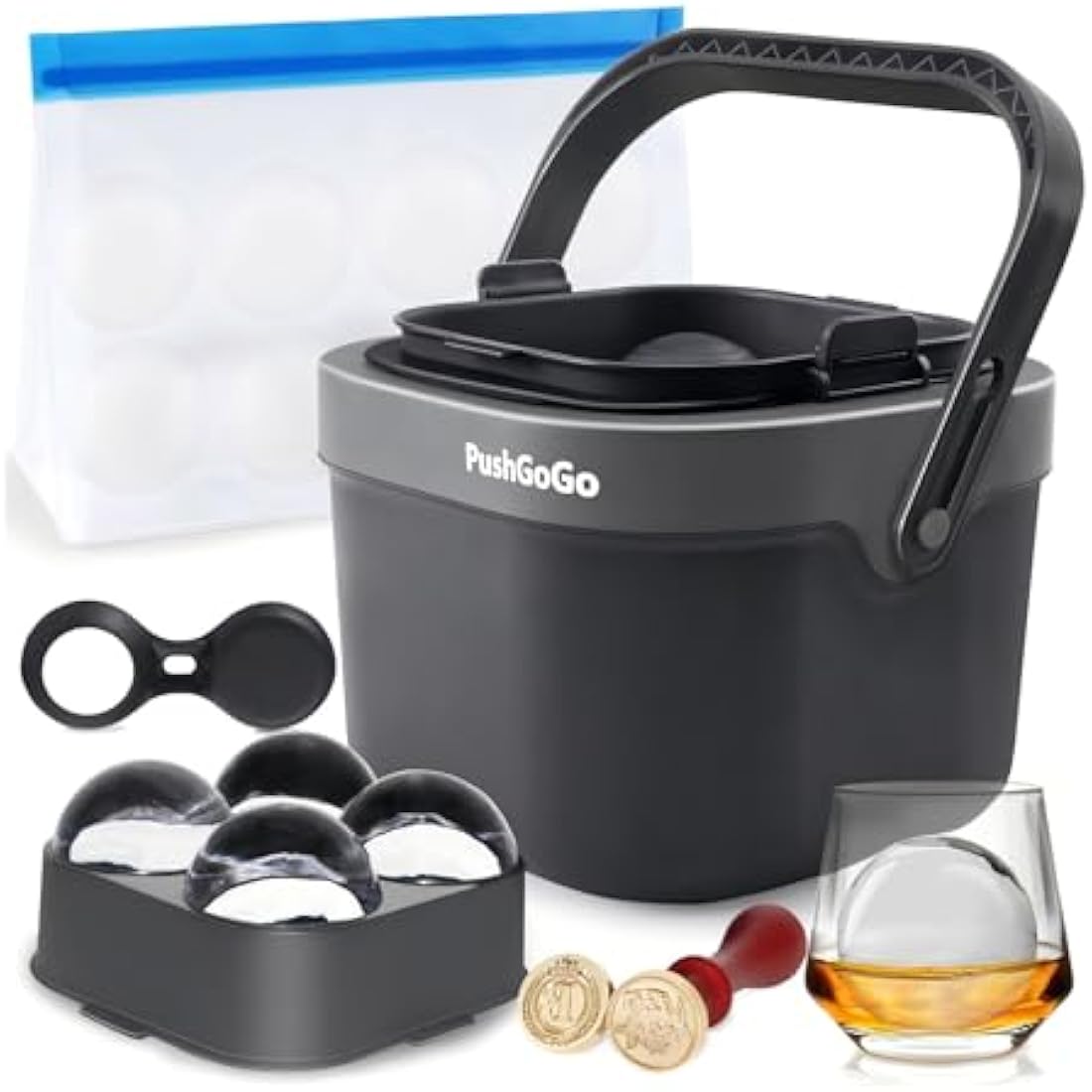 PushGoGo Clear Ice Ball Maker,Four Large 2.4" Crystal Clear Ice Balls for Whiskey, Cocktails, Bourbon,4-Cavity BPA-Free Silicone Easy Remove Ice Sphere Molds with Storage Bag,Stamp