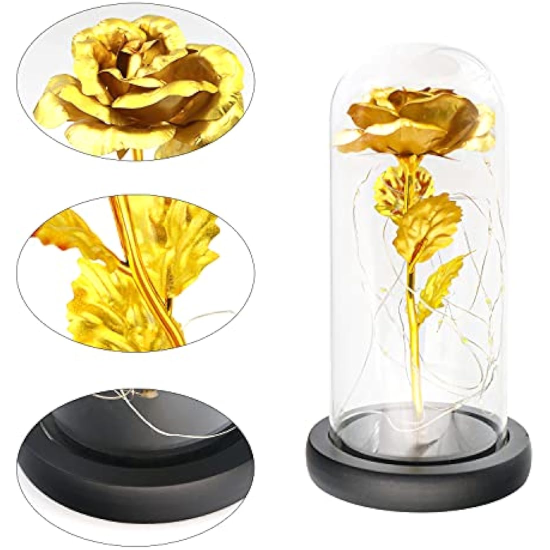 TINYOUTH Golden Rose in Glass Dome Black Wooden Base, Light Up 24K Eternal Rose Batteries Included for Wedding Anniversary Mama Valentines Christmas Birthday