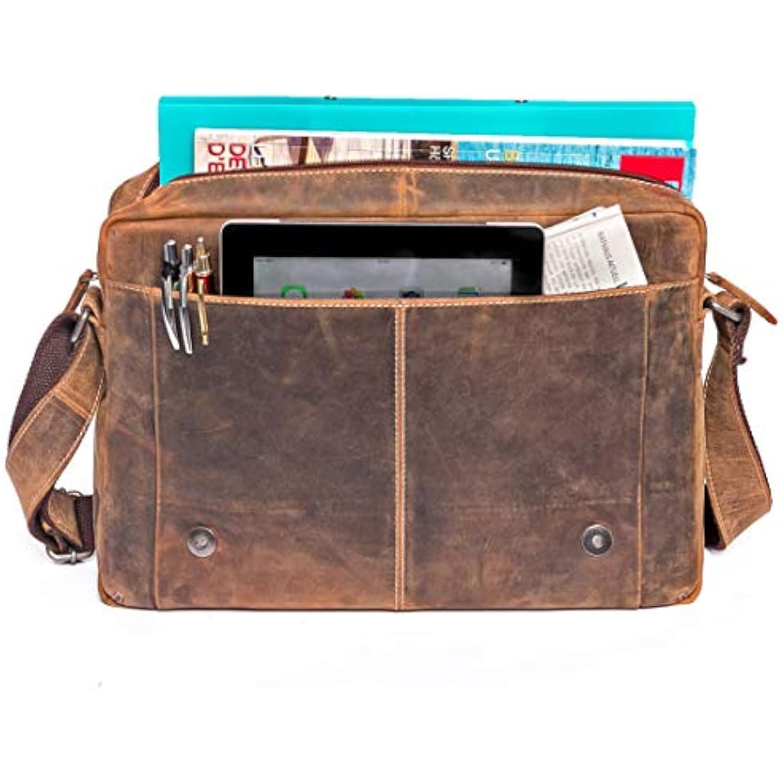 ALMADIH Genuine Leather Shoulder Bag Vintage 15" Laptop - DYLAN Messenger men brown - Satchel Business Bag Briefcase Uni College School teacher work Tote Bag Cross-Body Courier