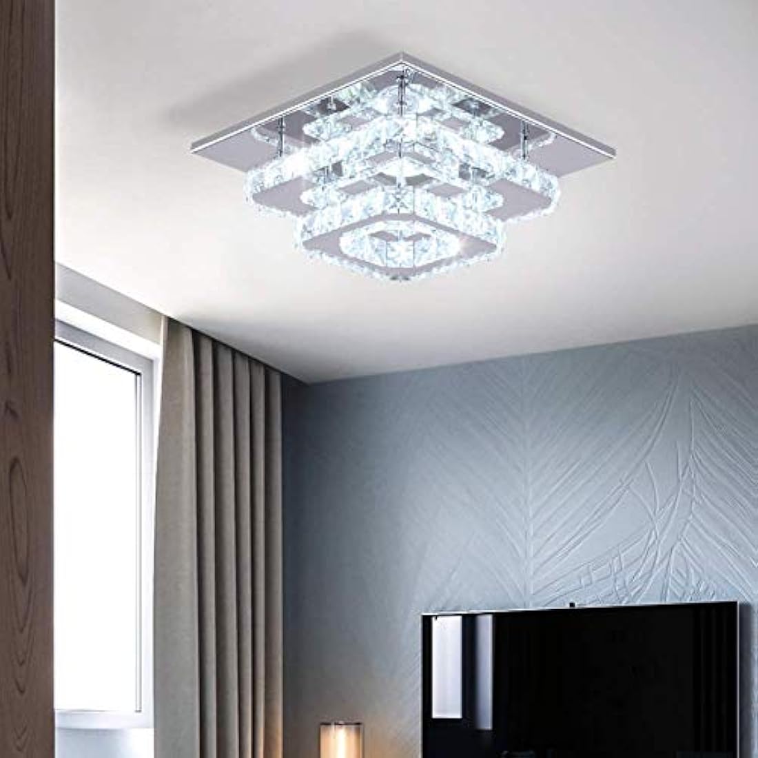 Finktonglan Crystal LED Ceiling Light, Lamp Stainless Steel K9 Modern Flush Mount Lights Fixture Square Chandelier for Dining Room Living Bedroom (Cool White)