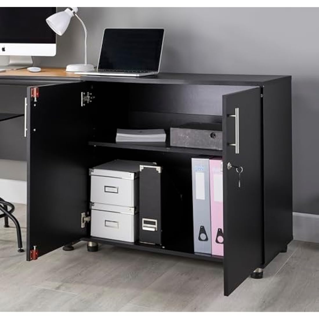 MMT Furniture Designs Ltd Black Storage Cabinet Cupboard Desk Height 2 Door Bookcase with Lock 75cm Tall Desktop Extension Height