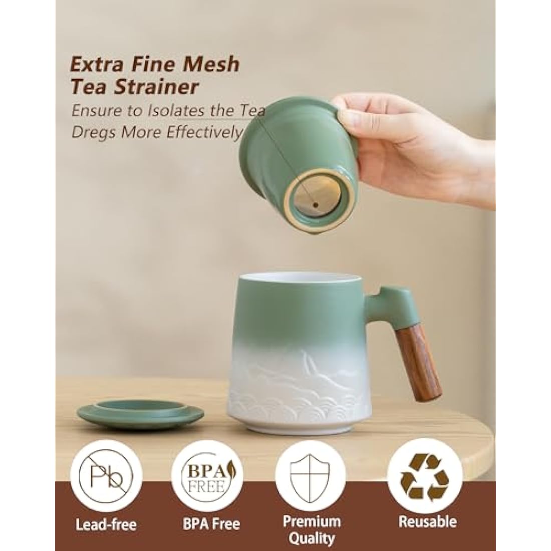 ZENS Tea Mug with Infuser and Lid, 500 ML Embossed Ceramic Loose Leaf Tea Cup with Strainers for Tea Diffusers, Wood Handle Tea Infuser Mug for Loose Tea Lovers Gifts, Tea Accessories