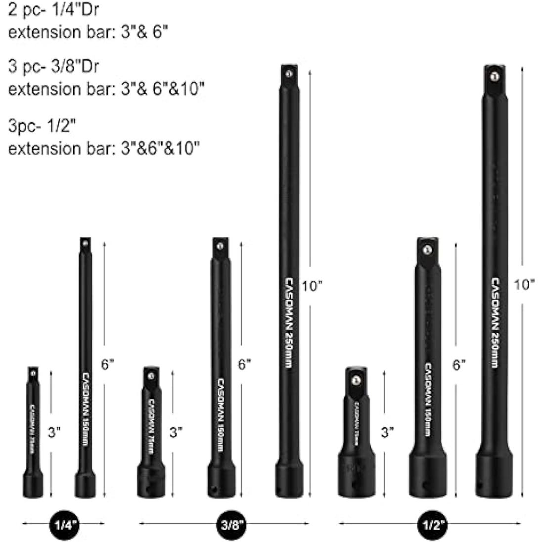 CASOMAN 18 Pieces Drive Tool Accessory Set, Socket Extension Tool, Includes Adapters, Extensions and Universal Joints and Impact Coupler, Professional Socket Accessories