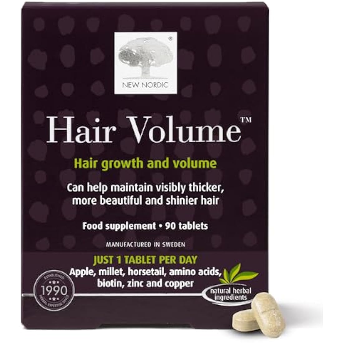 New Nordic Hair Volume 90 Tablets - Clinically Proven Hair Growth Vitamins - Biotin, Zinc & Apple - Visibly Thicker & Shiny Hair - for Women & Men