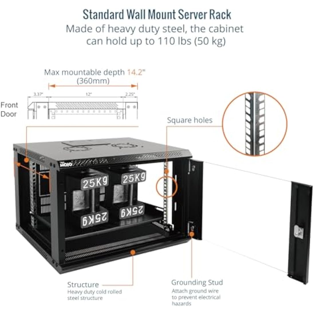 Tecmojo 6U 450mm Deep Wall Mount Server Cabinet IT Network Rack Enclosure, Lockable Door and Side Panels Black, Standard Glass Door, for 19” IT Equipment, A/V Devices, Flat Package
