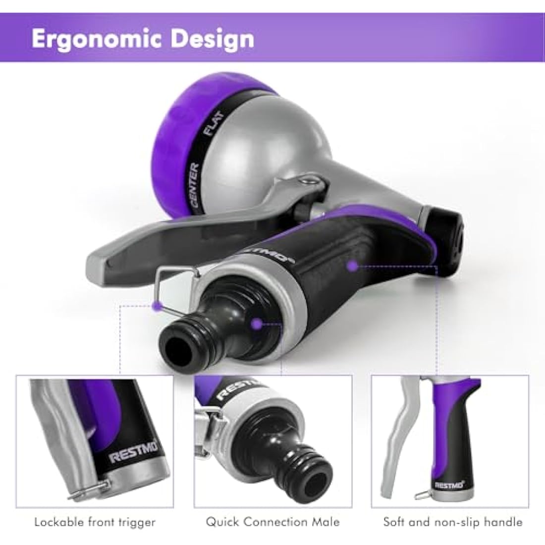 RESTMO Hose Pipe Spray Gun, Heavy Duty Garden Hose Spray Gun, High Pressure Hose Nozzle, Metal Hand Sprayer with 7 Patterns and Water Flow Control, Ideal to Water Plant & Lawn, Wash Car & Pet, Purple