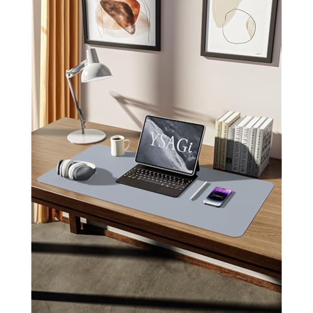 YSAGi Leather Desk Mat, Large Mouse Mat, Non-Slip Desk Pad, Waterproof PU Leather Table Protector Writing Pad for Office and Home (80 x 40 cm, Light Grey)