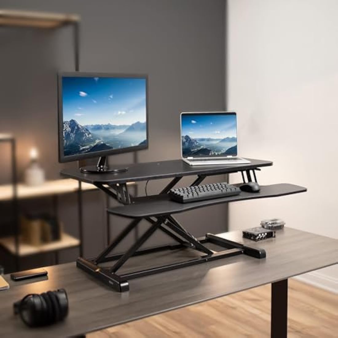 VIVO 91cm Desk Converter, K Series, Height Adjustable Sit to Stand Riser, Dual Monitor and Laptop Workstation with Wide Keyboard Tray, Black, DESK-V036KB