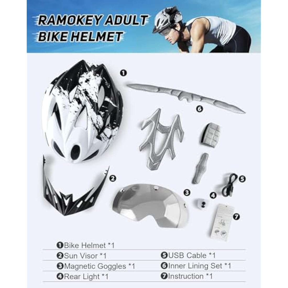 RaMokey Bike Helmet for Men and Women, Lightweight Cycle Helmet with LED Light Magnetic Goggle Sun Visor, Mountain & Road Bicycle Helmets for Adult Cycling Adjustable Size 57-62cm