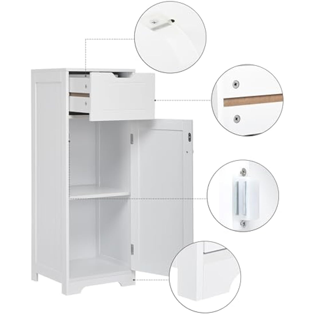 Mondeer Bathroom Floor Cabinet, Storage Unit With 1 Drawer 1 Door 2 Shelves, 32x30x87cm White MDF Painted Wood Free Standing Cupboard for Bathroom Living Room Porch