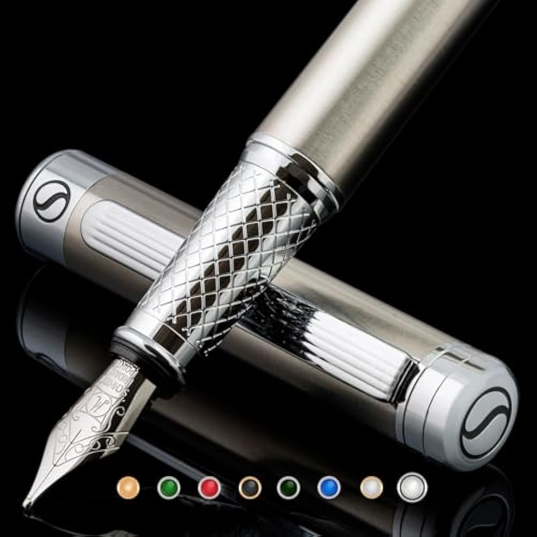 Scriveiner Stainless Steel Fountain Pen - Stunning Luxury Pen with Steel Finish, Schmidt Nib (Medium), Best Pen Gift Set for Men & Women, Professional, Executive Office, Nice Designer Pens