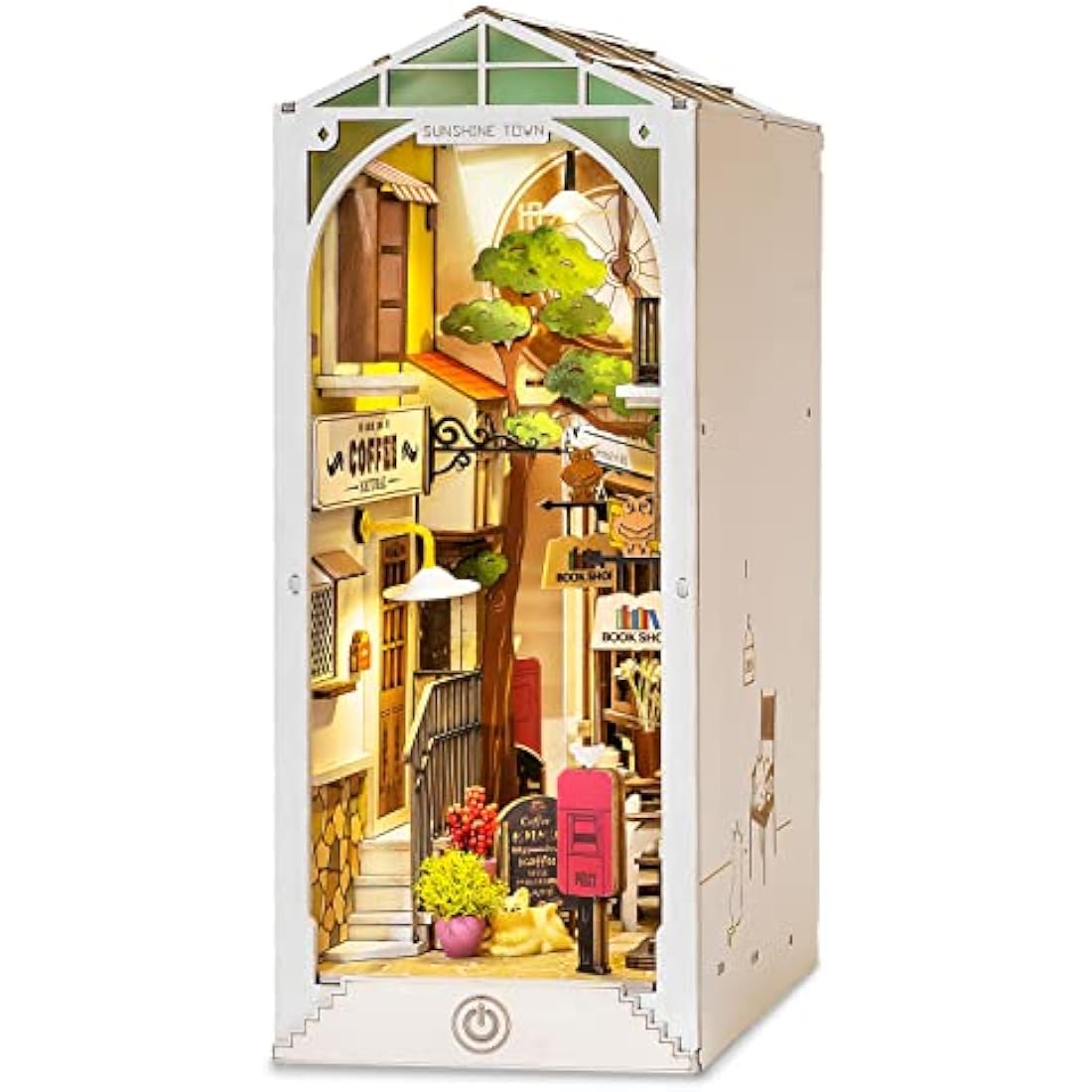 ROBOTIME Wooden Book Nook Dollhouse Kit, DIY Wall Hanging Miniature Room, Puzzle House Model Building Kits with LED Lights, Home, Bookshelf Decor (Sunshine Town)