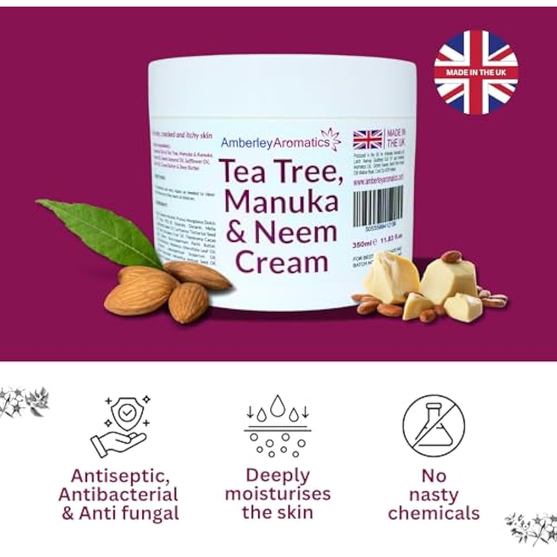 Tea Tree, Manuka & Neem Cream 350ml - Antibacterial, Anti-fungal, Antiseptic, Anti-Itch, Dry, Chapped & Cracked Skin, Eczema, Psoriasis, Jock Itch, Fungal infections. Fast Effective Relief