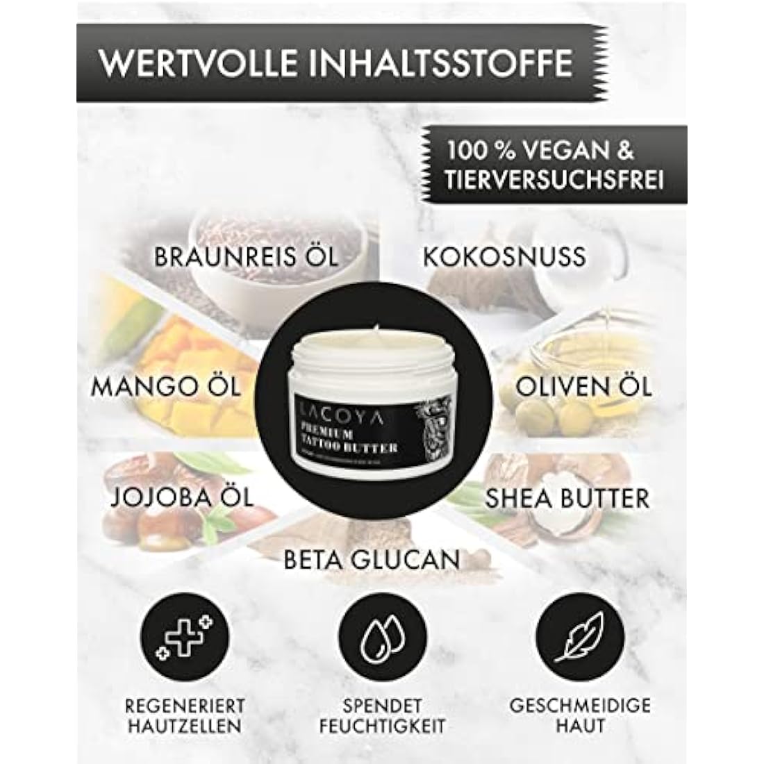 LACOYA® - Premium tattoo butter for freshly tattooed skin - care cream for daily tattoo after-care care care - tattoo cream with shea butter vegan breathable (made in Germany) - tattoo care balm