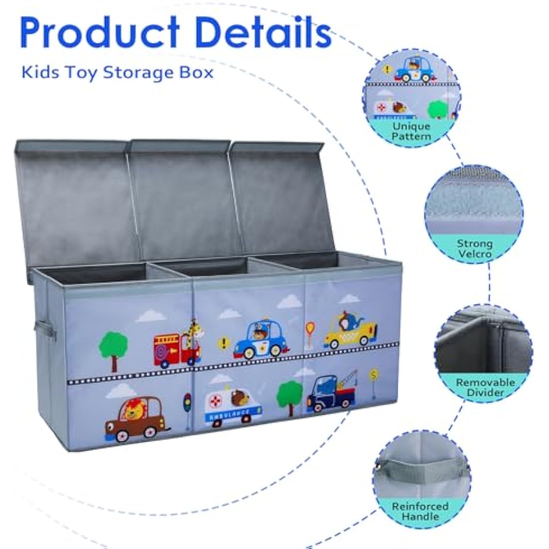 Decalsweet Extra Large Kids Toy Storage Box with Lid,Foldable Oxford Toy Storage Organizer Box for Boys-96×32×40cm-Toy Chest with Handles for Bedroom Nursery,Animal Car