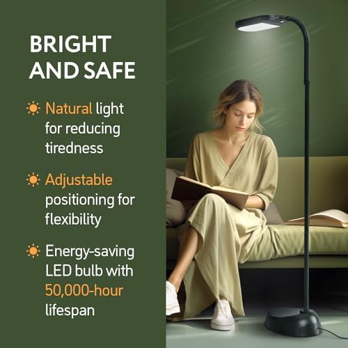 Kenley Daylight Lamp - Reading Light Floor Standing - Energy Saving Bulb - Natural Sunlight 12W LED with Adjustable Brightness - Standard Bright Floor Reading Lamps for Living Room Bedroom Craft Study