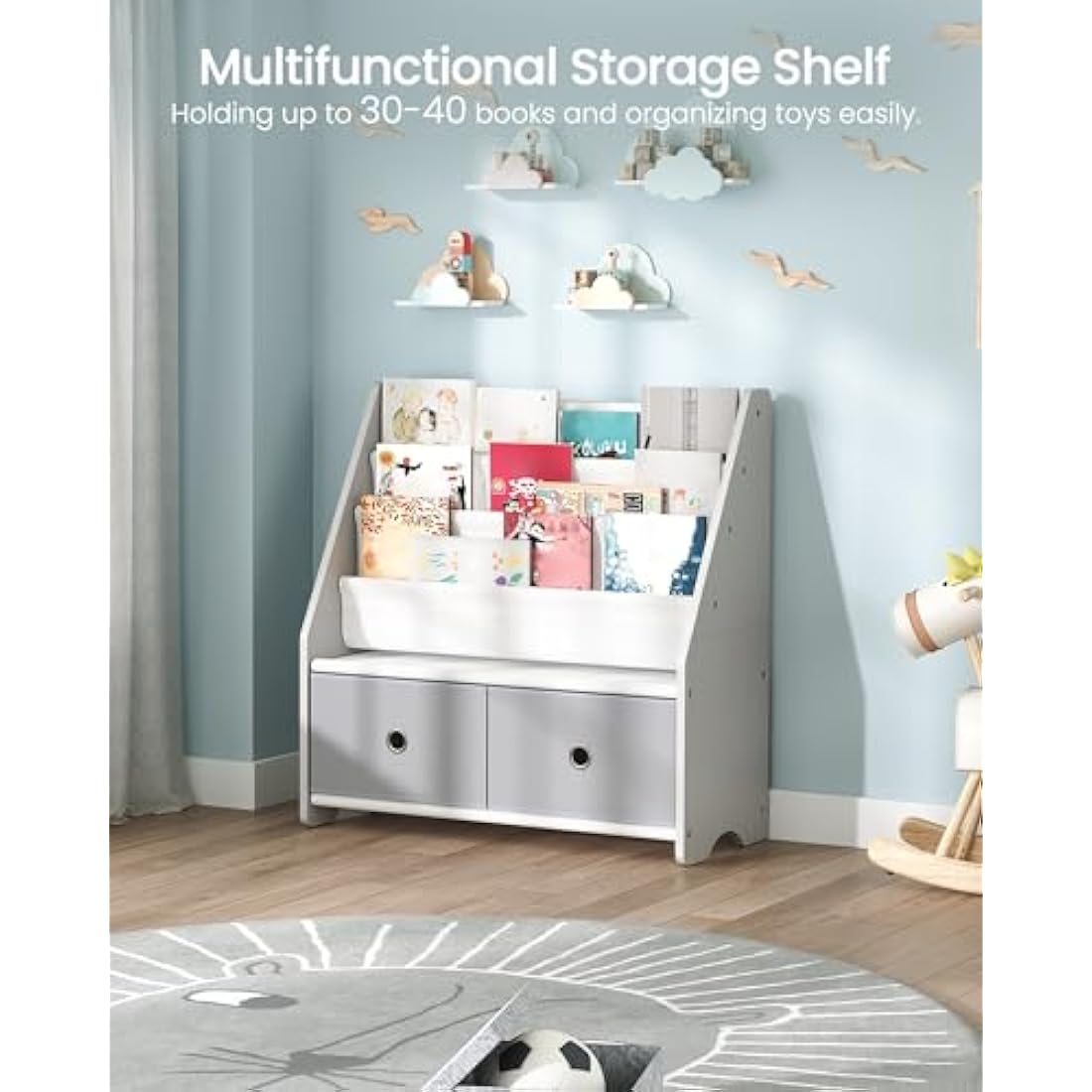 CHOEZON Kids Bookshelf, 4 Tier Children's Bookcase, Large Capacity Kids Book Rack and Toy Storage, for Kids Room, Nursery, Playroom, White and Gray DMCW06WT