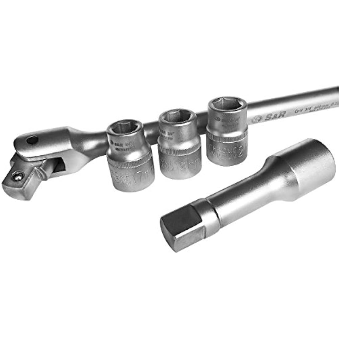 S&R Breaker Bar, Flex Socket Drive Handle Set 3/4 Inch with Extension and 3 Sockets 17mm, 19mm, 21mm, Rotary Push Handle 600 mm, Extra Resilient Ø 22 mm Shatterproof - Industrial Quality