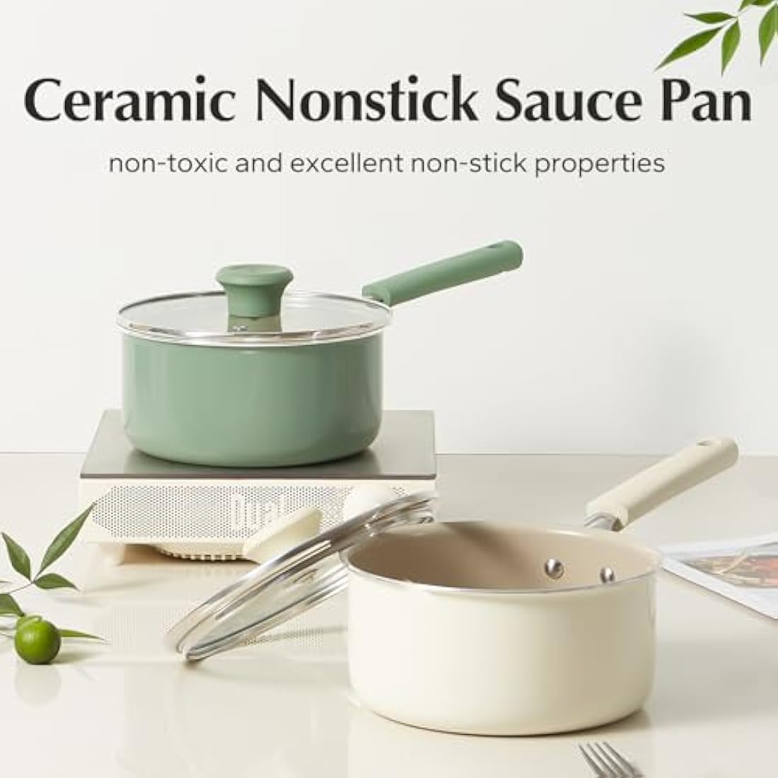 Redchef Ceramic Nonstick Saucepan with Lid,20cm Small Cooking Pot,Non Toxic Sauce Pans for Kitchen, Cool Handle PFAS Free Compatible with All Cooktops, Green