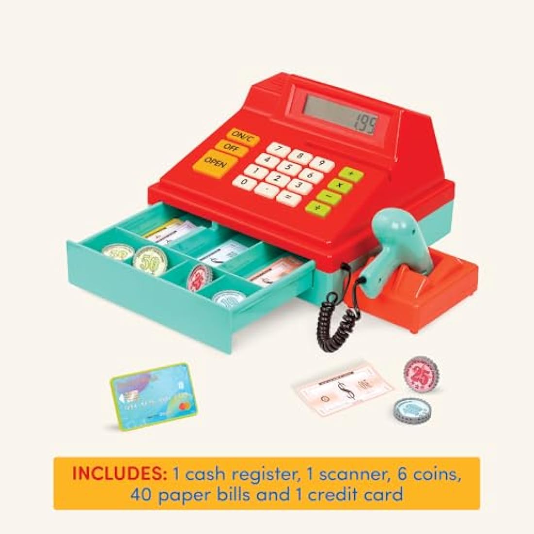 Battat – Toy Cash Registerwith scanner For Kids, Toddlers – 49 Pieces with Money, Credit Card, Scanner – Pretend Play Toy – 3+ Years