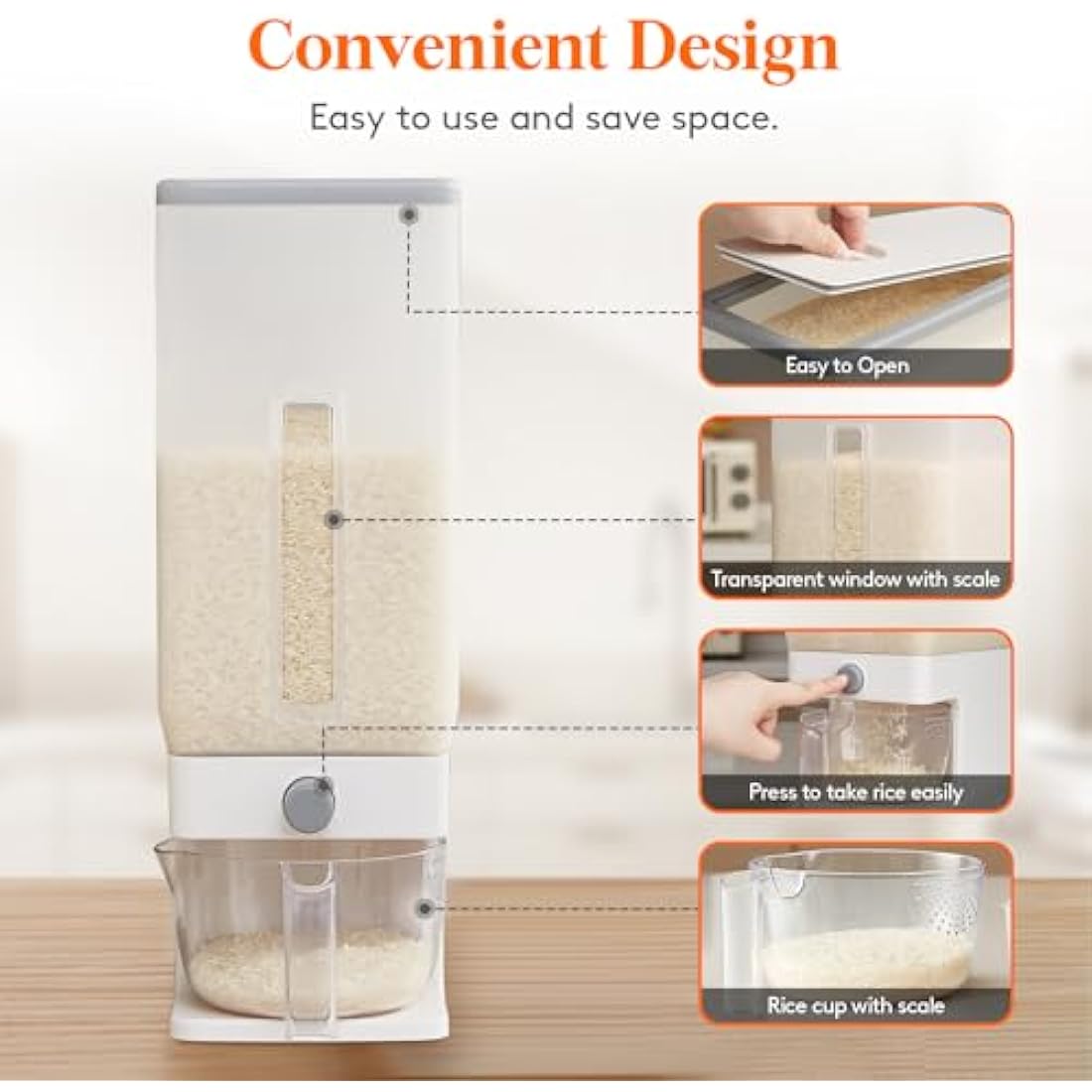 Lifewit Rice Container 25.4 Lb(11.3kg), Rice Dispenser with Visible Barrel, Rice Storage Container, Airtight Moisture Proof Rice Bucket, Grain Soybean for Kitchen Pantry Countertop Organization